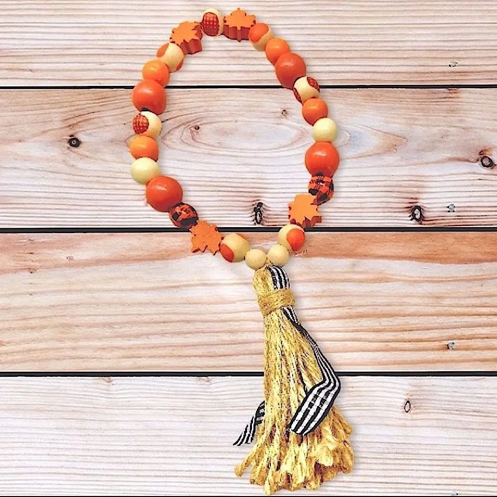 NEW Wood Bead Garland with Plaid Tassels